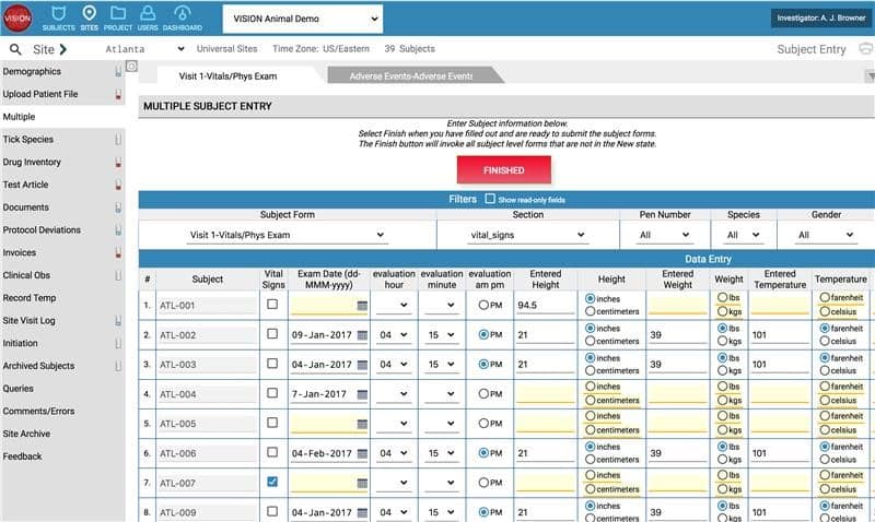 Screen shot of Multiple Subject Data Entry